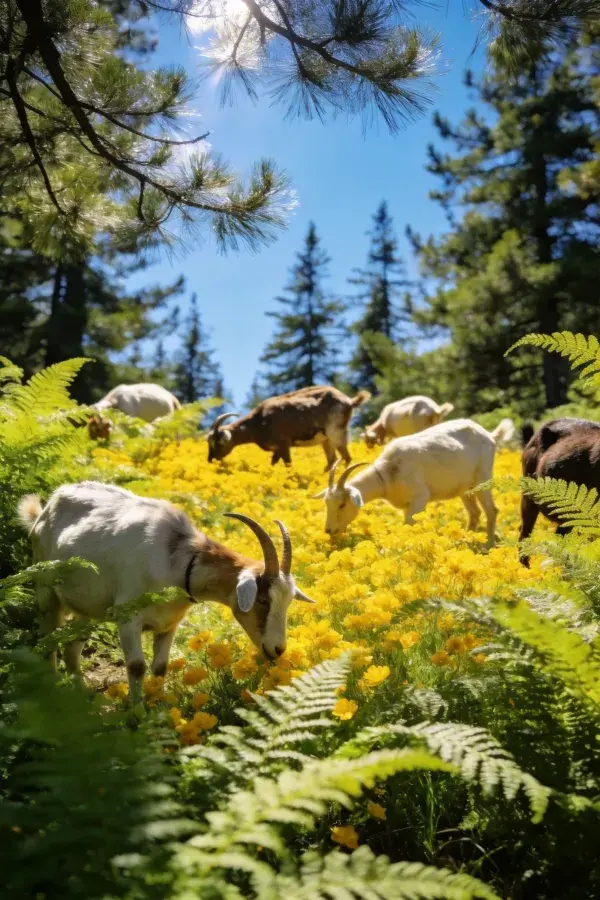 山林花丛中有角山羊觅食场景