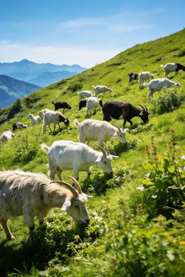 露天山坡上的家山羊觅食场景