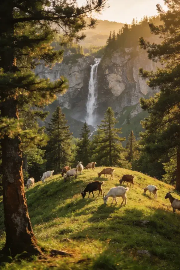 山林瀑布旁的山羊放牧场景