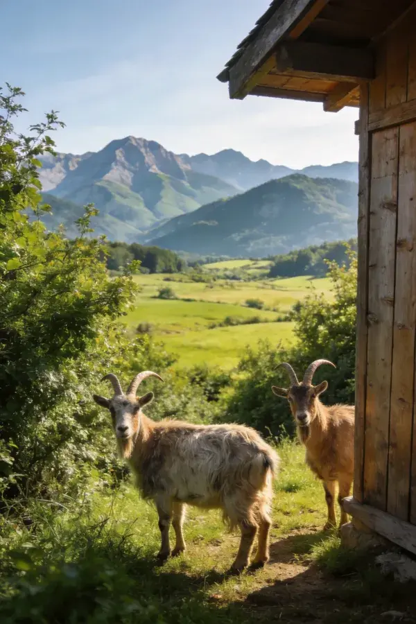 露天场地中木屋旁的家山羊场景