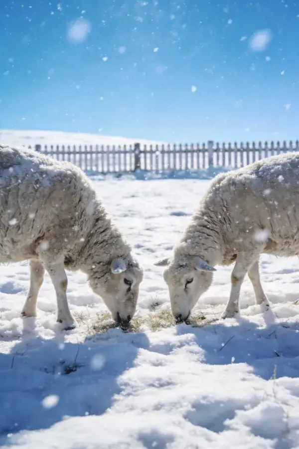 雪地中低头觅食的两只绵羊场景