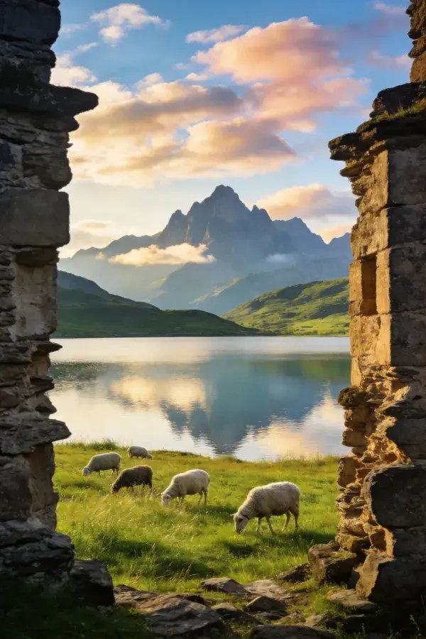 古石窗框内的绵羊湖景