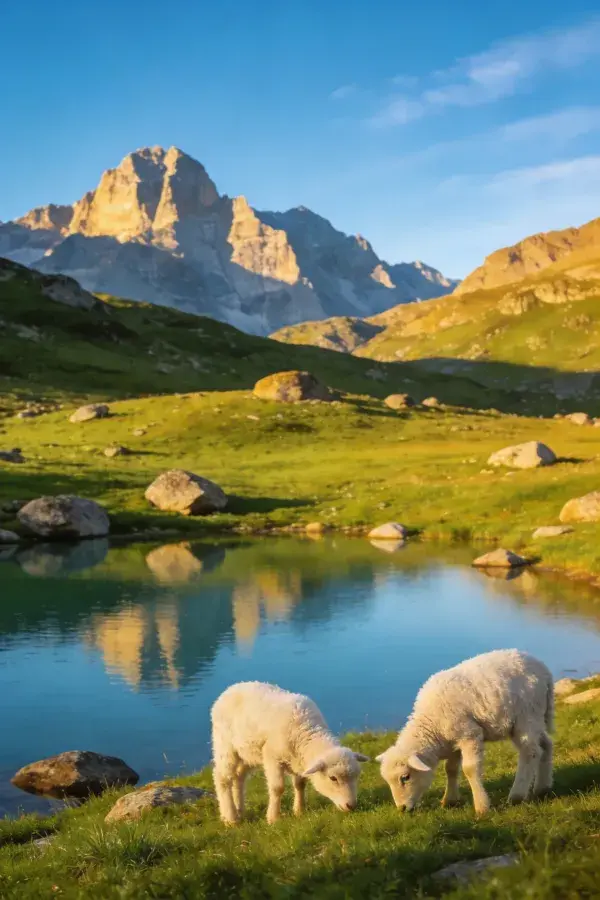 高山草地湖泊旁绵羊幼崽觅食场景