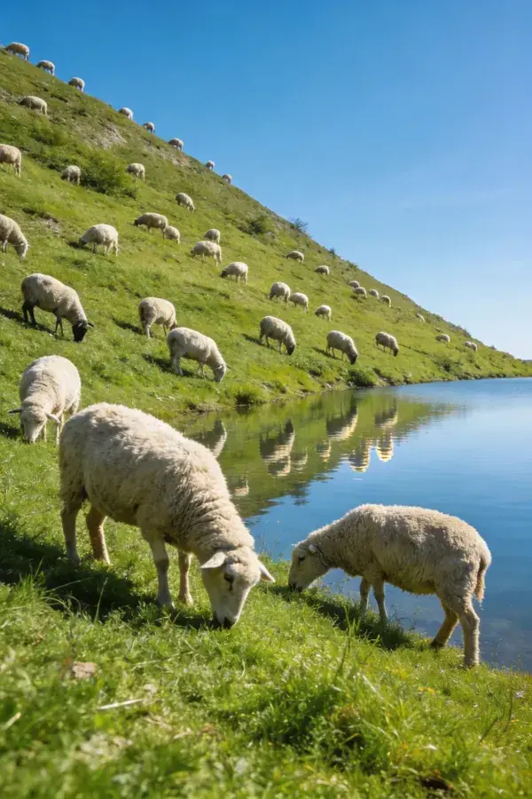 青草坡边绵羊群觅食场景