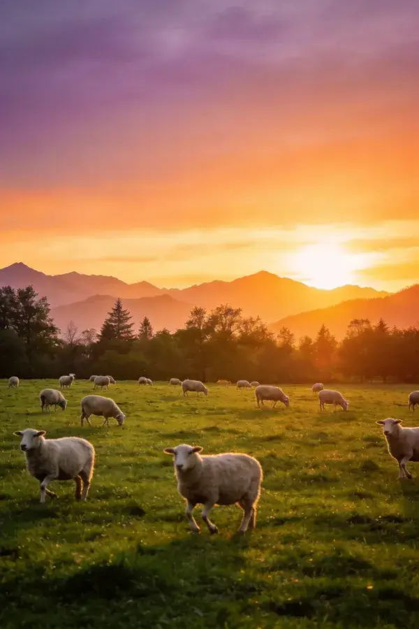 夕阳下草地绵羊群放牧场景