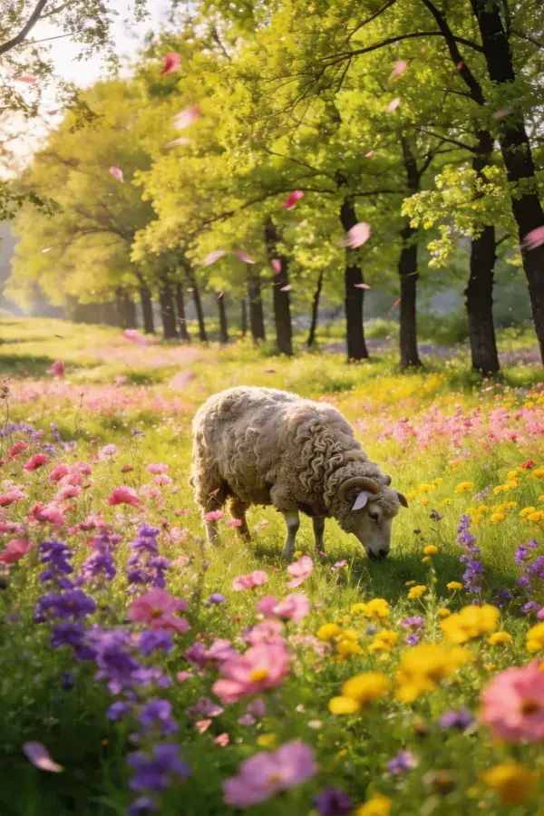 绵羊在彩色花草地低头吃草