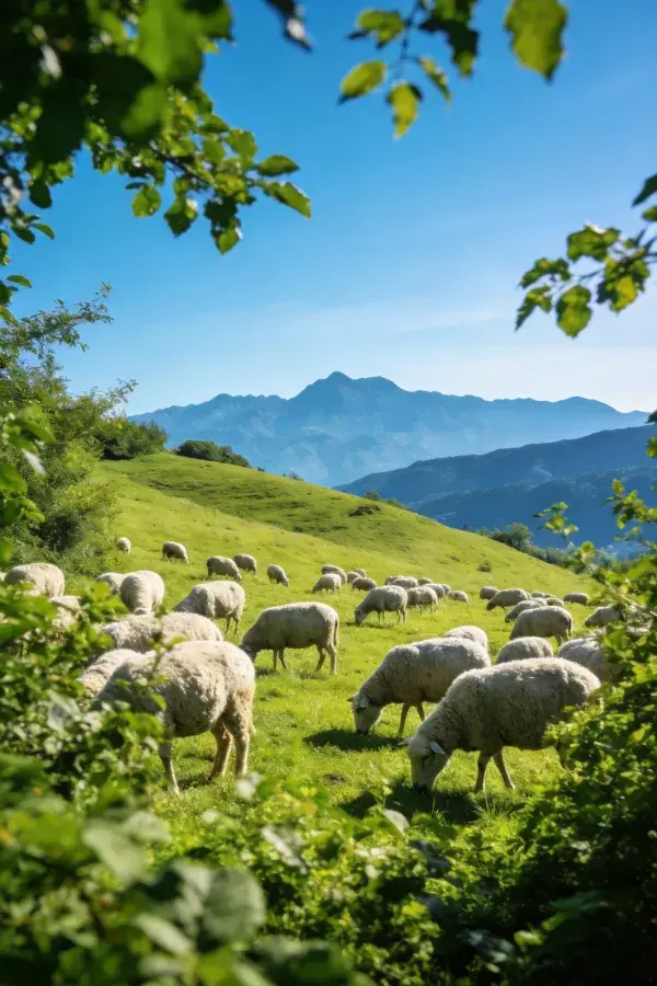 青山绿草坡绵羊群放牧场景