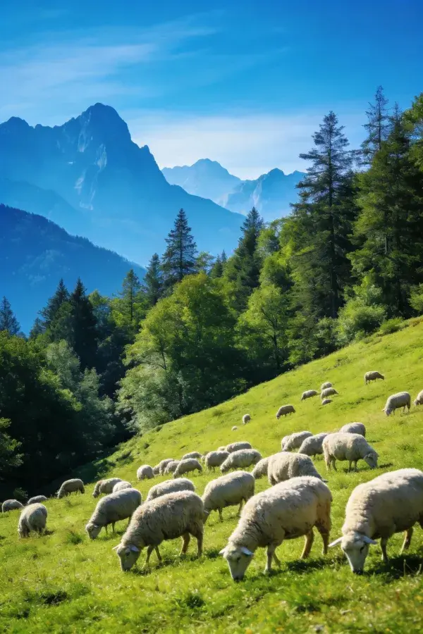 青山绿水间绵羊群放牧场景