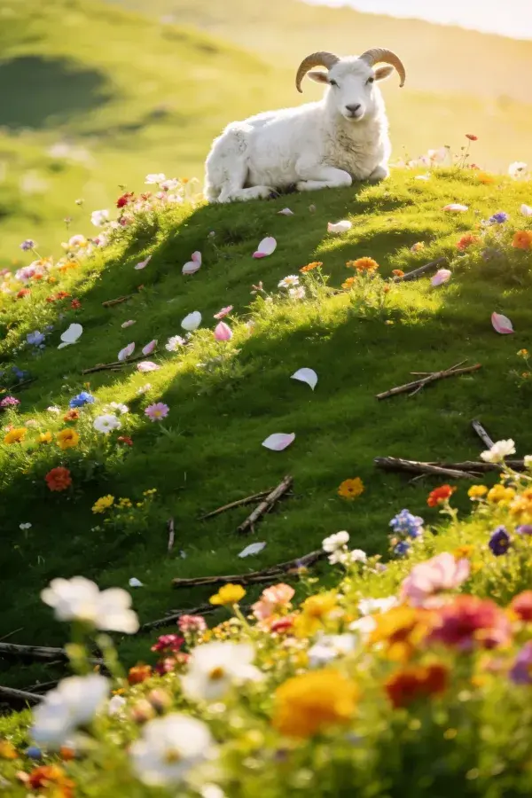 盘羊静卧花草坡地场景