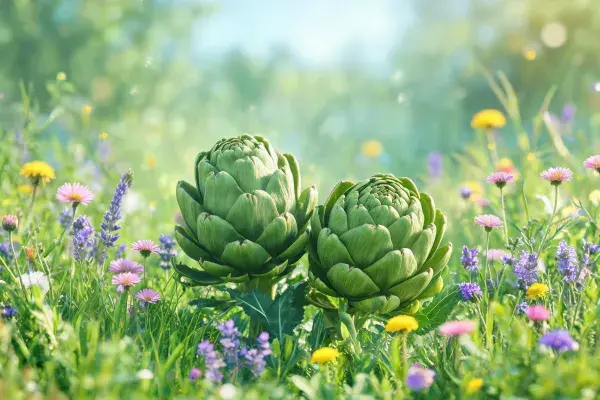 洋蓟花苞与野花共生的田园场景