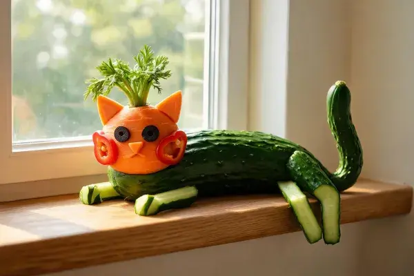 窗台上蔬菜雕塑小猫造型