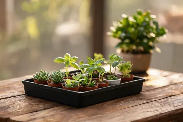 木质桌面上小型盆栽植物组合场景