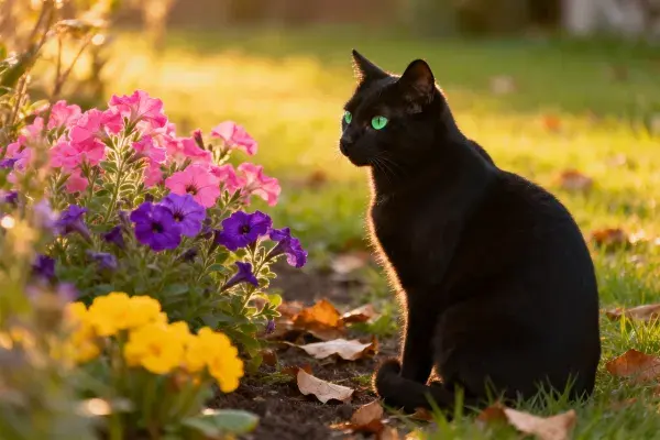 短毛家猫在花园花卉旁的姿态捕捉