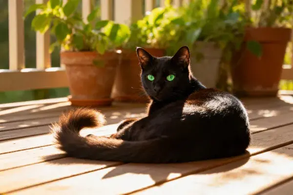 木质露台上的短毛黑猫
