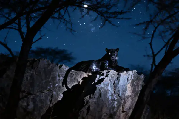 非洲夜晚岩石上的黑美洲豹场景