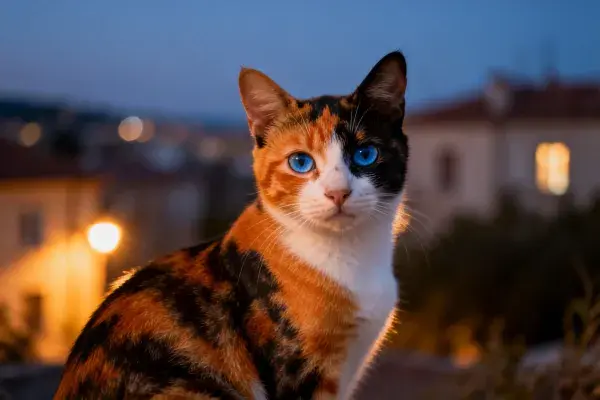 黄昏街区里的三色短毛家猫