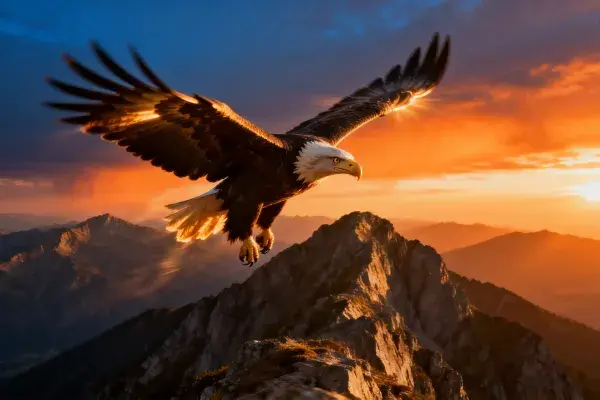 白头海雕飞越山巅夕阳特写