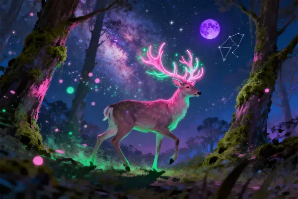霓虹鹿行走于梦幻森林