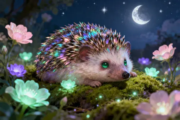 夜晚苔藓地上的彩刺猬场景