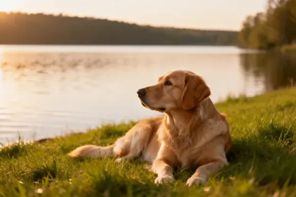 金毛寻回犬在水畔休憩场景