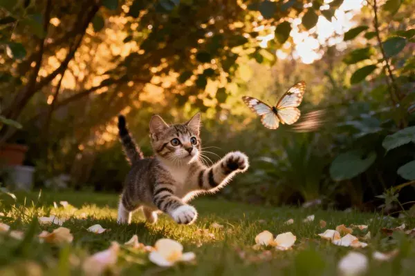 花园中短毛虎斑小猫追逐蝴蝶场景