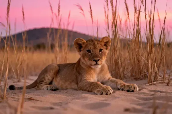 草原沙地上的幼狮特写