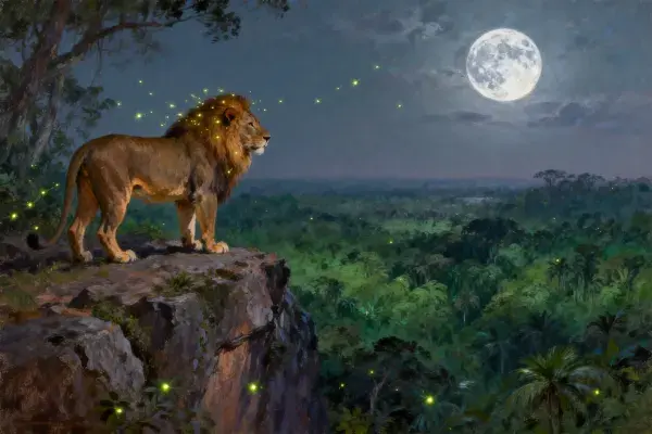 非洲雄狮伫立悬崖俯瞰丛林夜景