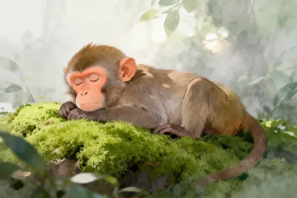 林间苔藓上的猕猴休憩场景