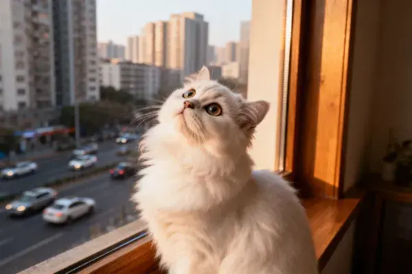 窗台上的英短长毛猫与城市景观