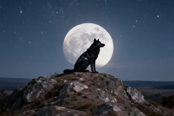 山巅月夜下德国牧羊犬静立岩石上