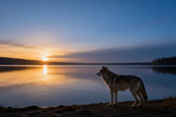 湖边黄昏下狼犬混血的特写