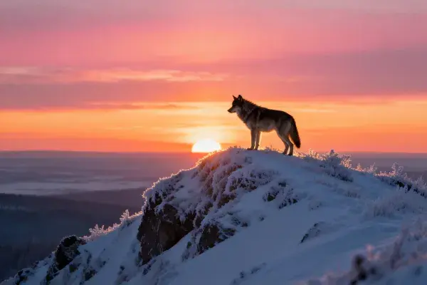 雪山之巅灰狼伫立夕阳下