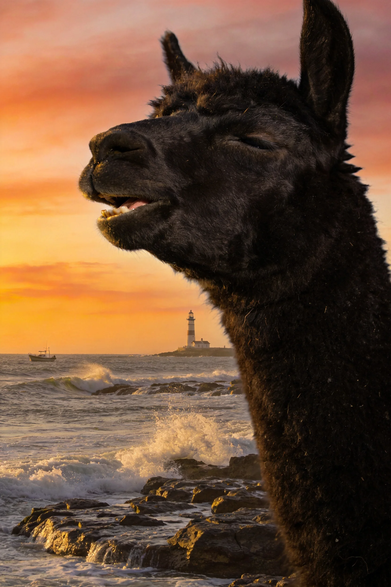 黑色羊驼浓密毛发在夕阳下显得格外清晰,嘴巴张开姿态放松。