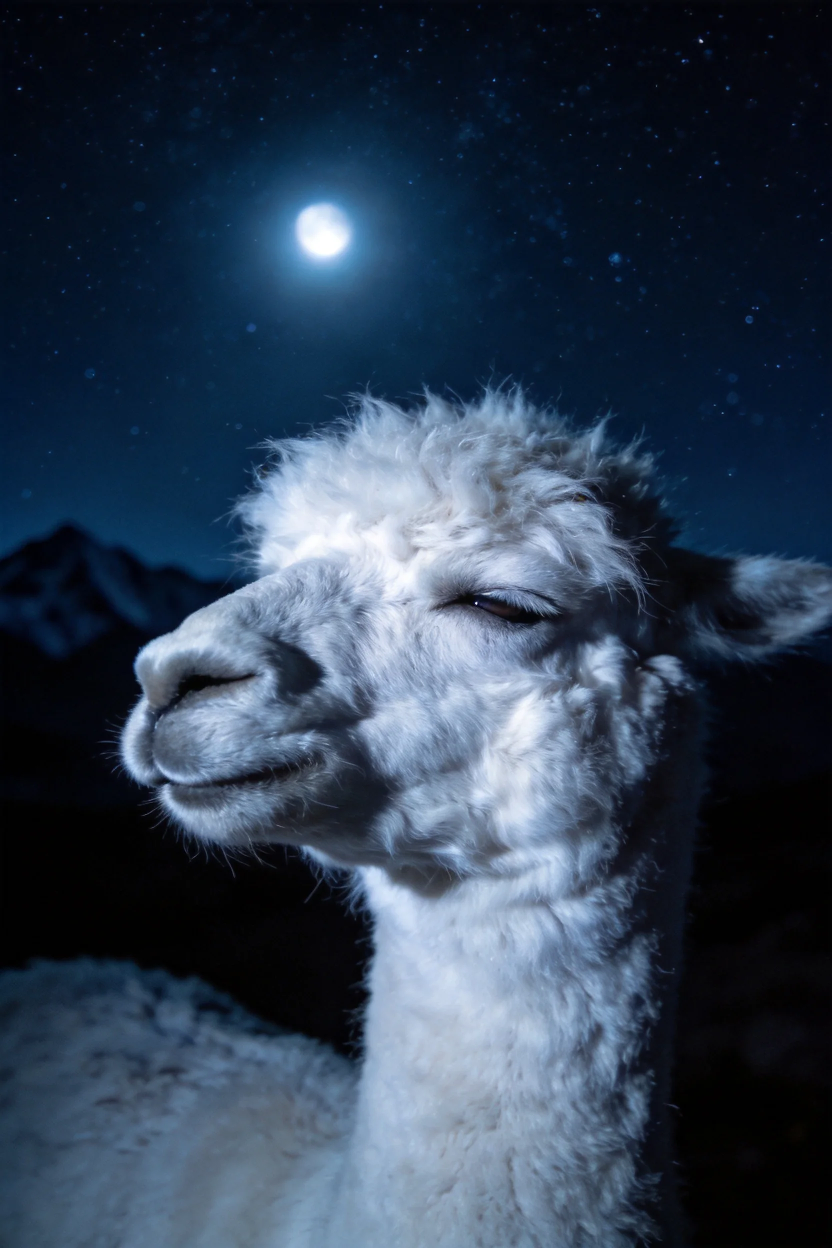 一只白色美洲驼在夜空下,其蓬松柔软的毛发在月光下显得洁白洁白,眼部半睁状态清晰可见。