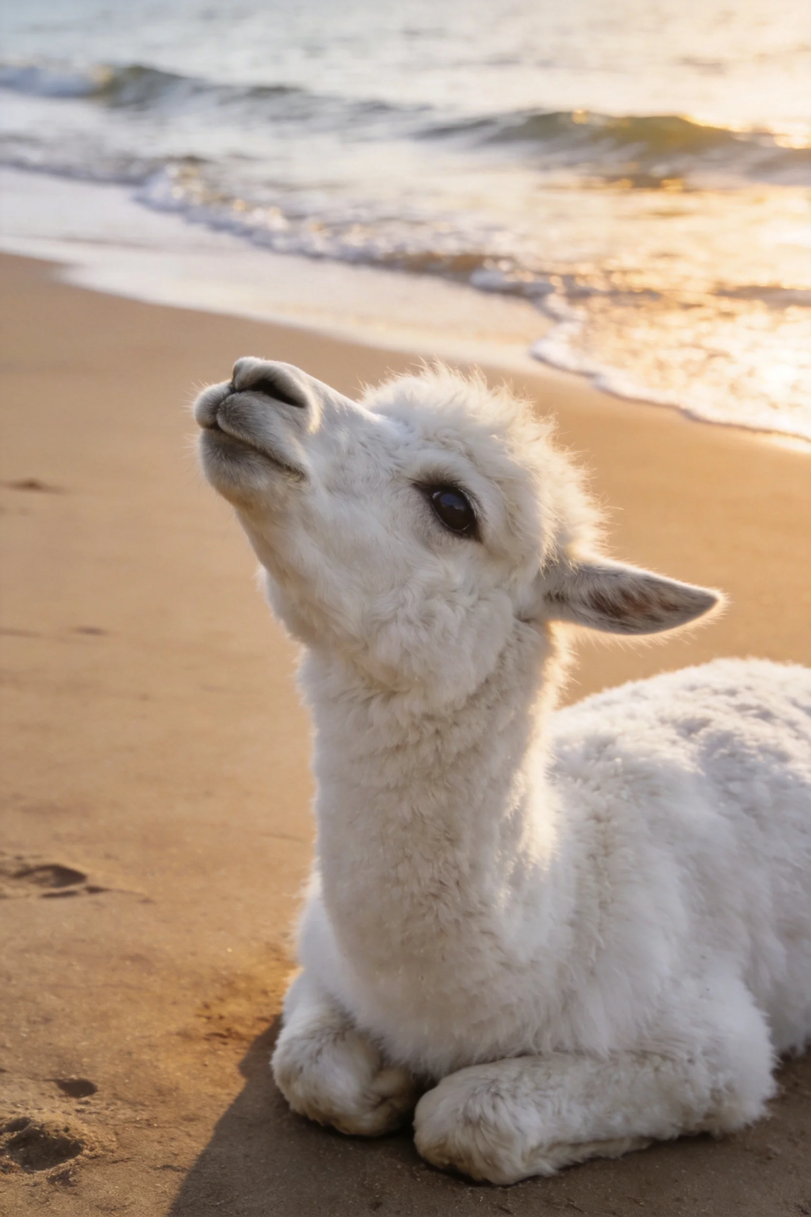 一只白色羊驼幼崽趴在沙滩上,抬头张望海面,有着蓬松柔软的白色毛发。