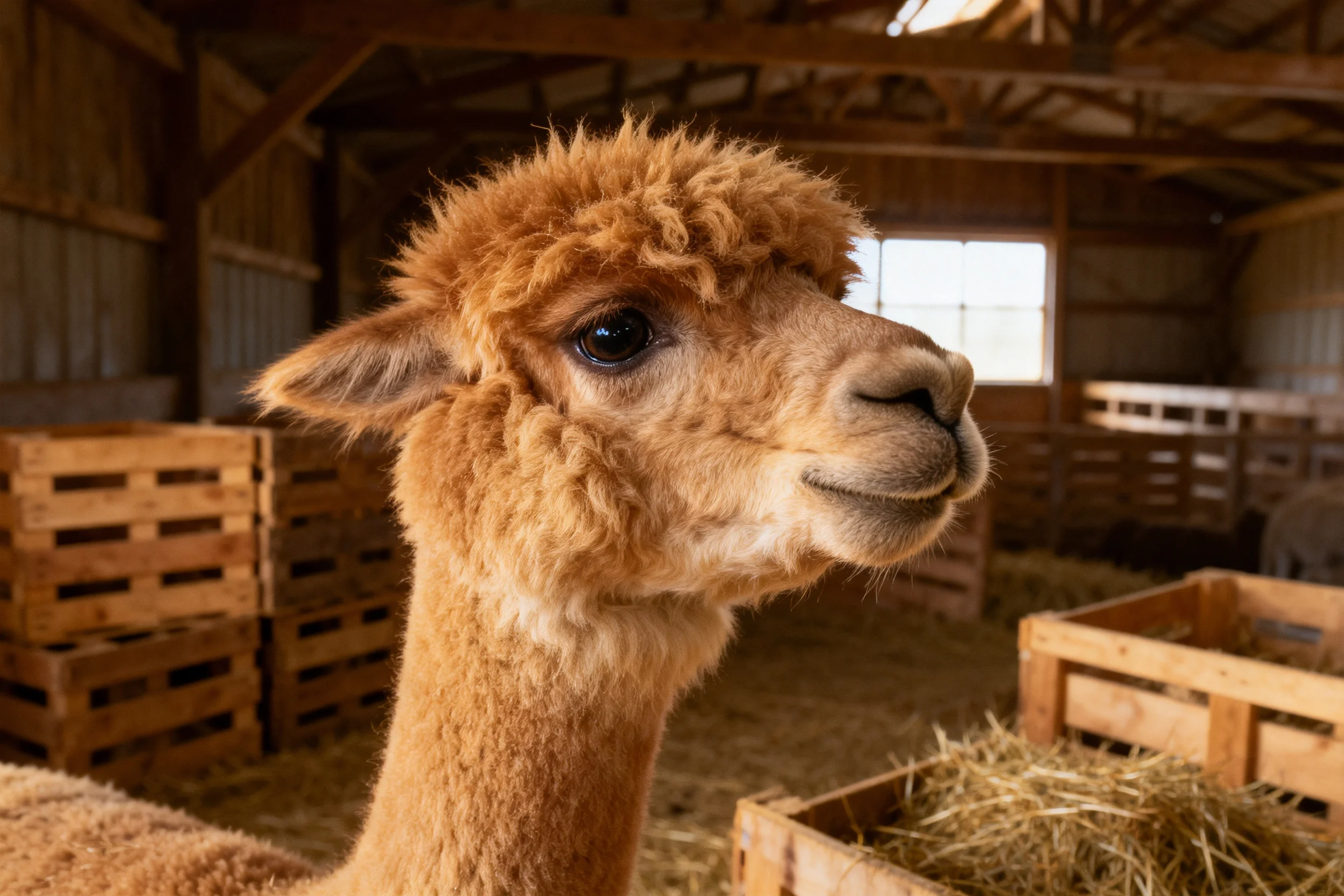 羊驼有着金黄色的卷曲毛发,毛发柔软地覆盖在头部和颈部。