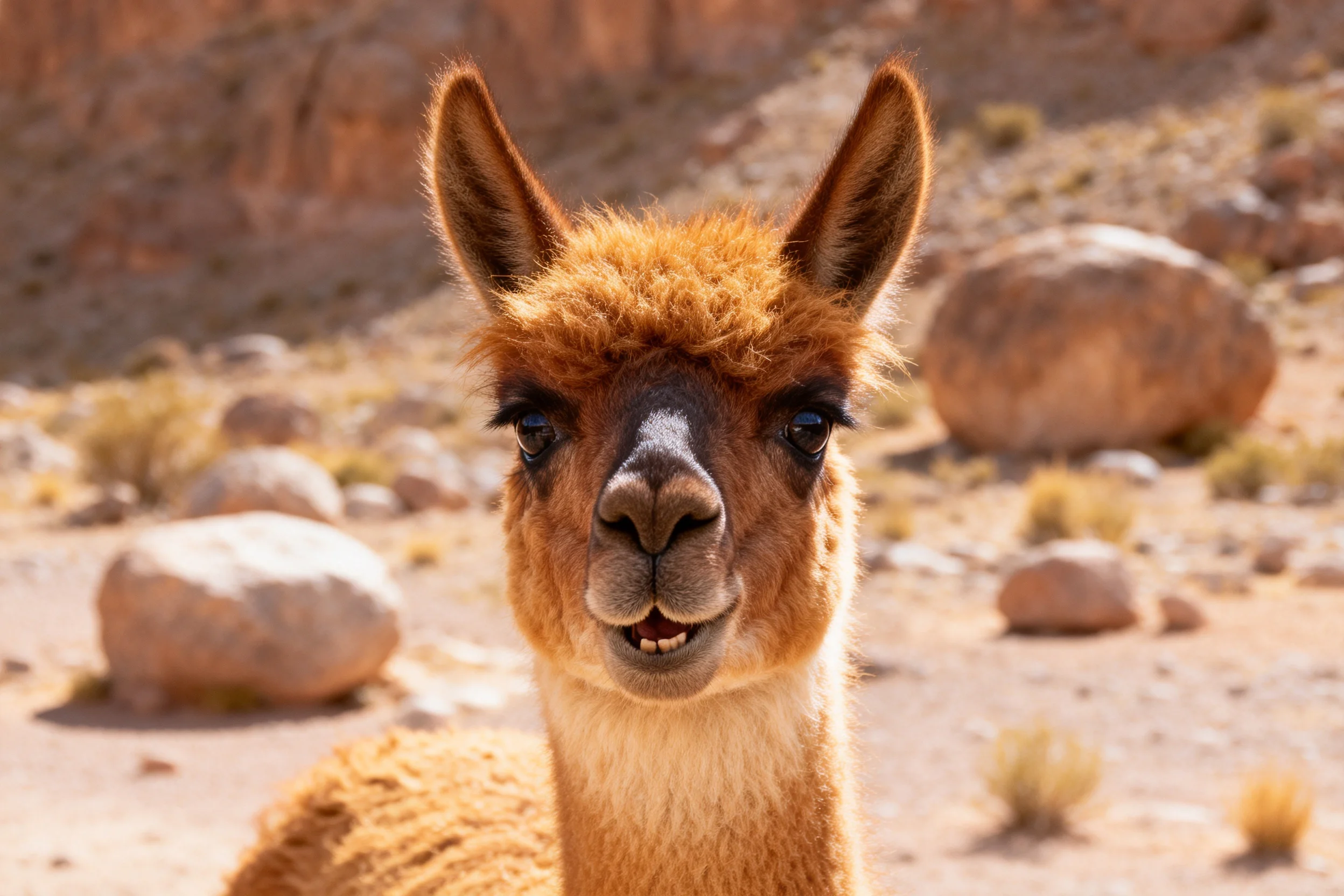 一头浅棕色美洲驼正面向镜头,其耳朵竖起,眼部周围有深色斑纹,毛发柔软。