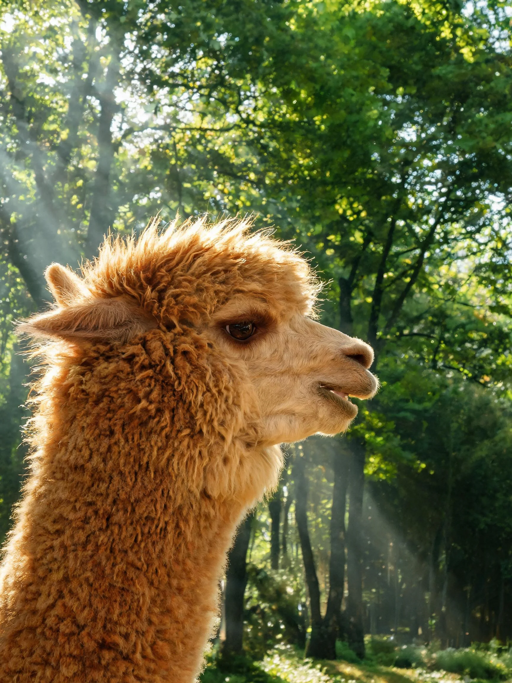 一只毛发浓密卷曲的羊驼,在阳光照射下的森林环境中,面部朝向一侧,展现出其蓬松的毛发和神态。