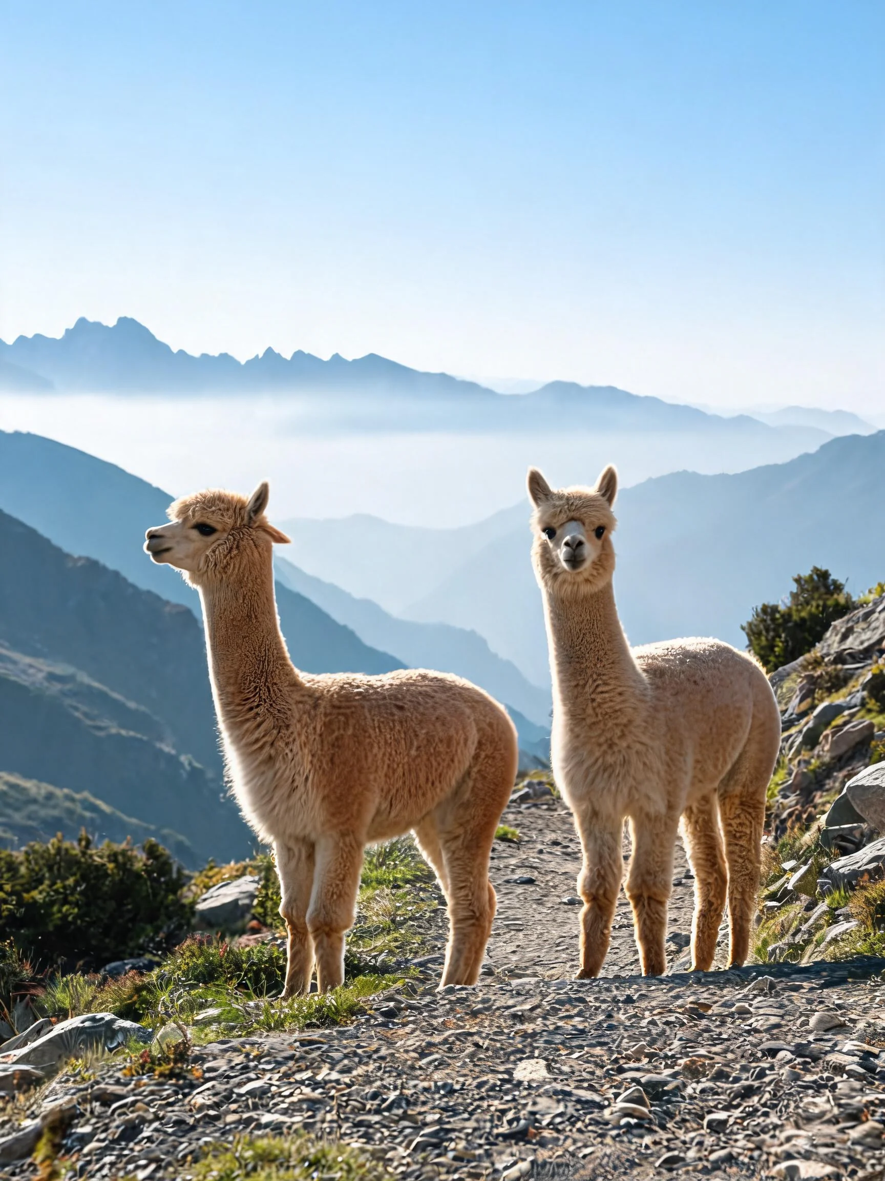 两只羊驼站在山地岩石小径上,浅棕色蓬松毛发清晰可见。