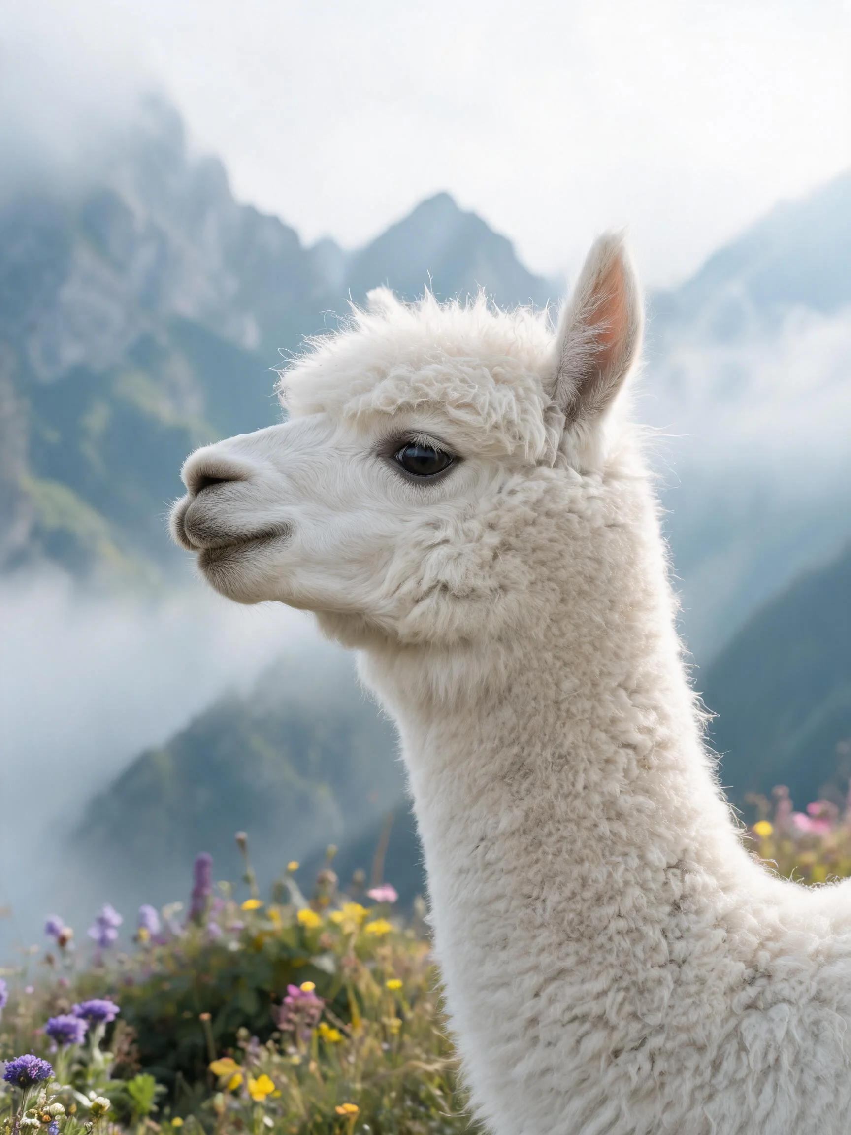 一只羊驼,其蓬松的白毛在光下显得柔软,背景是云雾缭绕的高山。