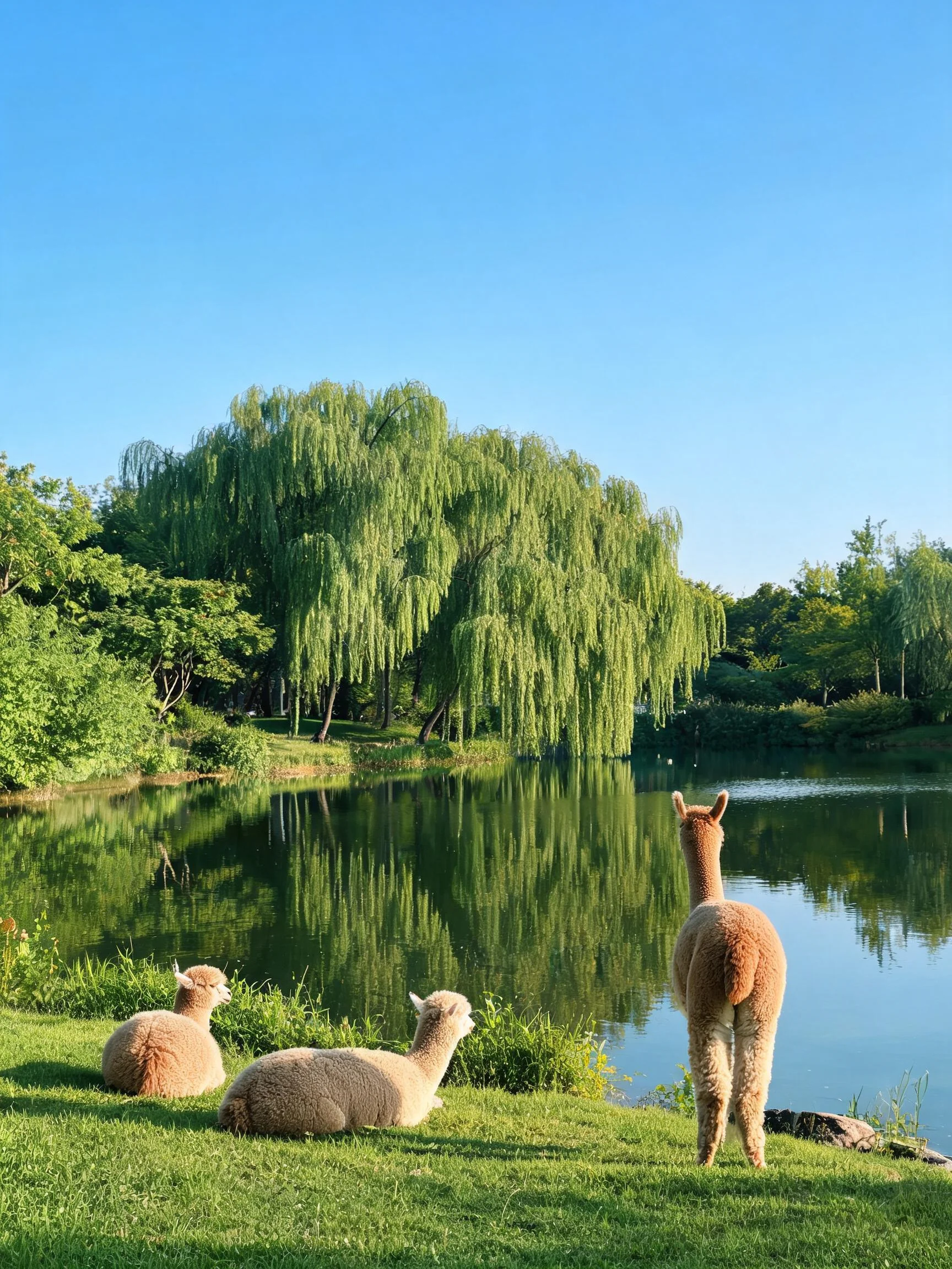 三只羊驼在湖边,其中两只卧于草地,一只站立,毛发蓬松柔软。
