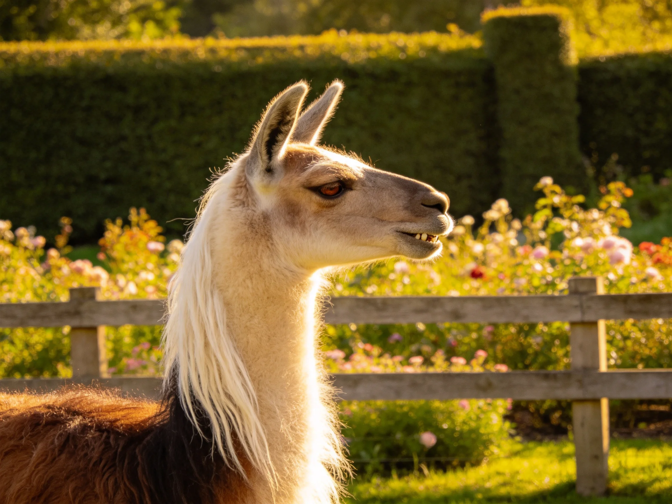 浅毛色的羊驼,白色颈毛发与棕黑色身体毛发形成鲜明对比。