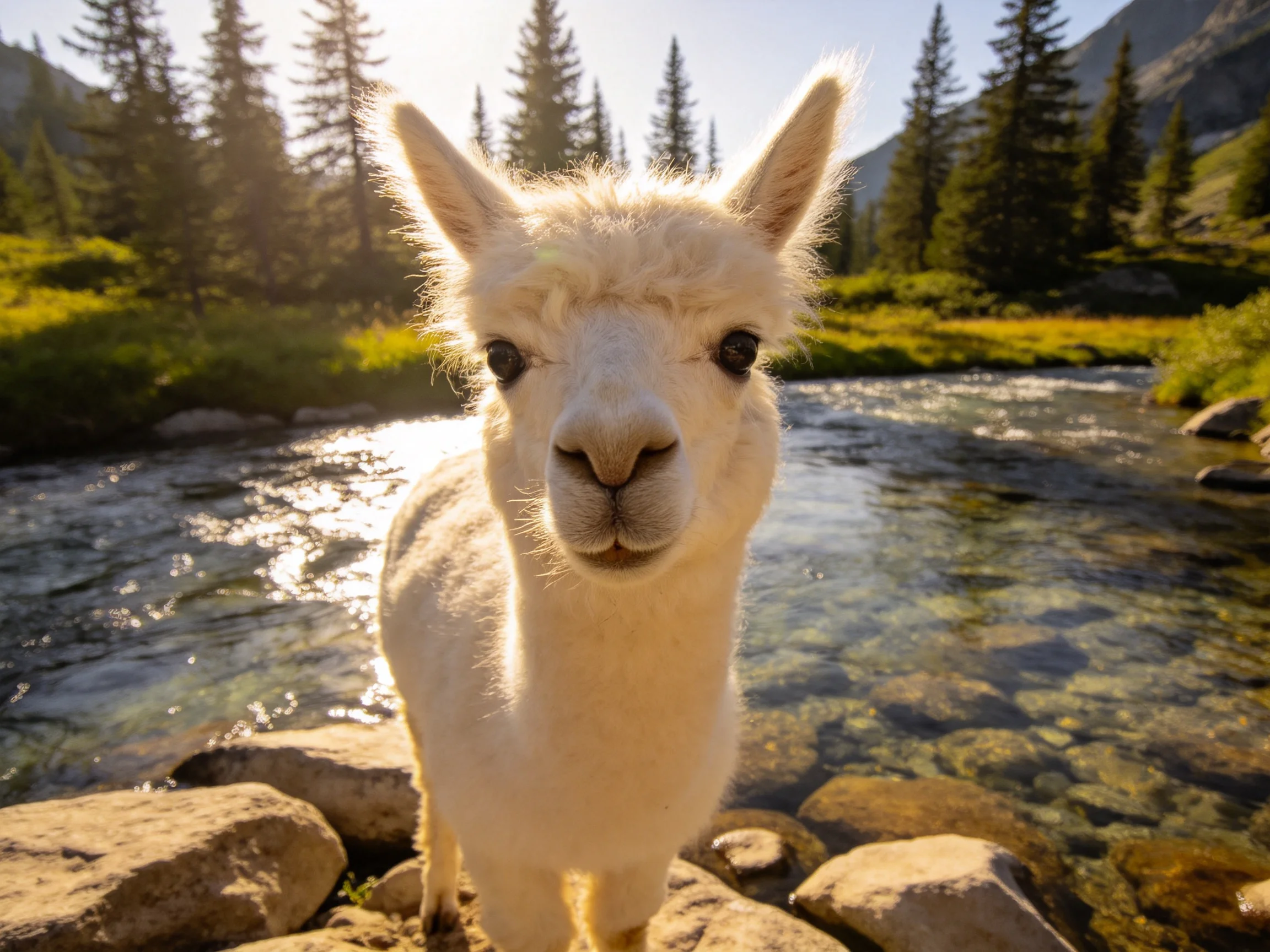 一只白色羊驼幼崽,蓬松柔软的毛发在阳光下显得洁白无瑕,眼神专注地凝视着镜头。