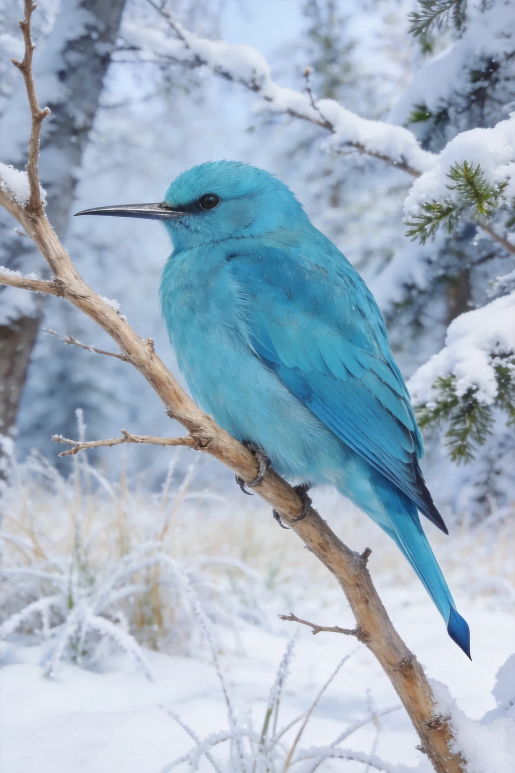 蓝歌鸲羽毛呈明亮的蓝紫色,正安静栖息在积雪覆盖的枯枝上,喙部修长且呈黑色。