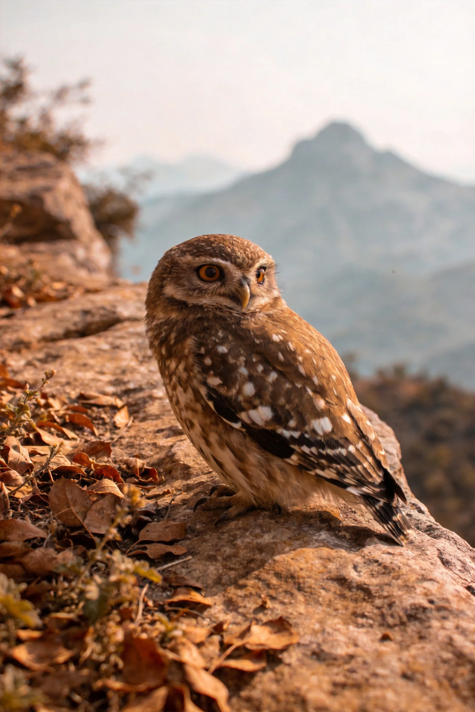 一只小鸮有着棕色带白色斑点羽毛，正栖息在岩石峭壁上，黄色眼眸注视前方。