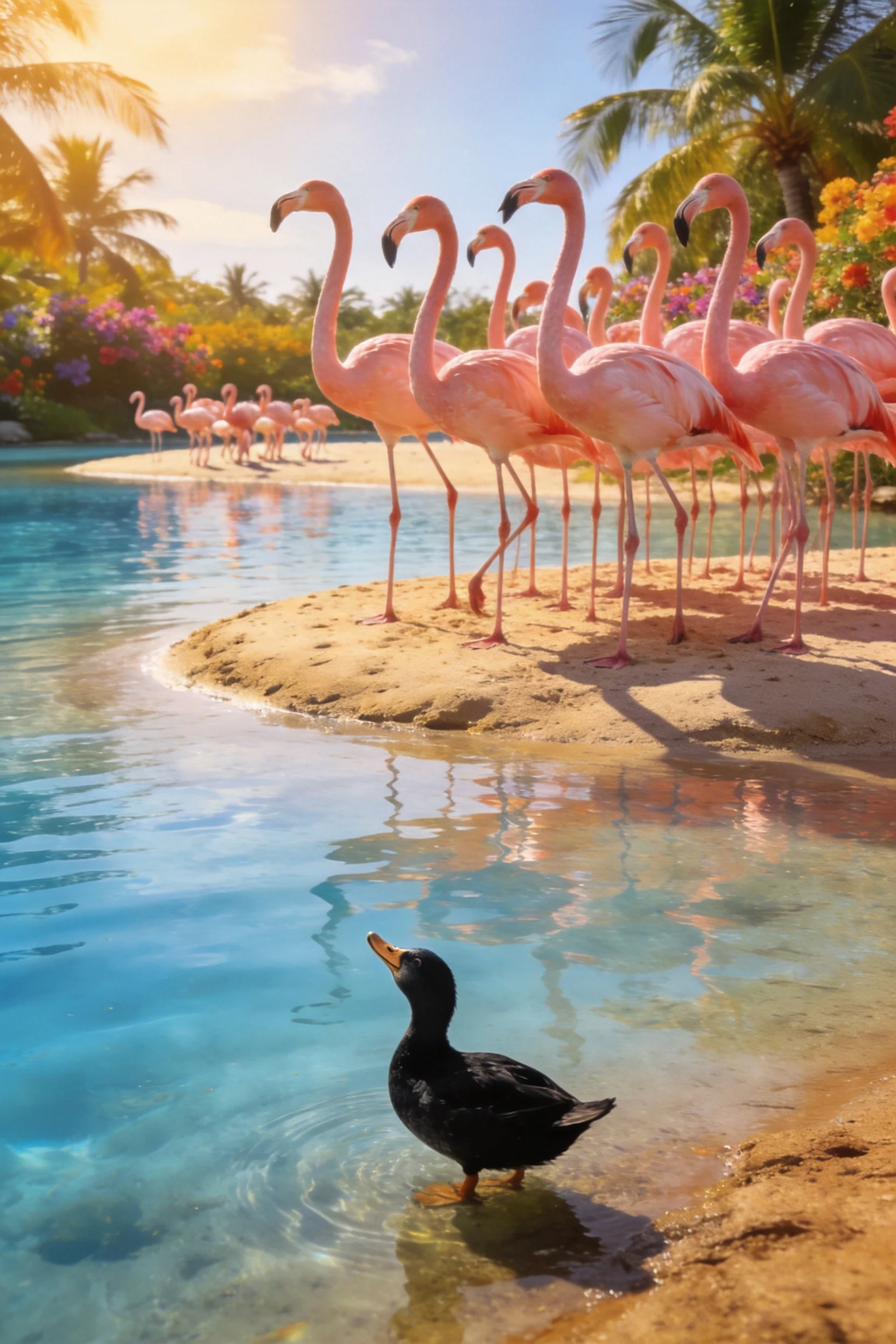 火烈鸟羽毛呈粉红色,站在沙滩浅滩处,褐家鸭在浅水中游动,周围有热带植被。