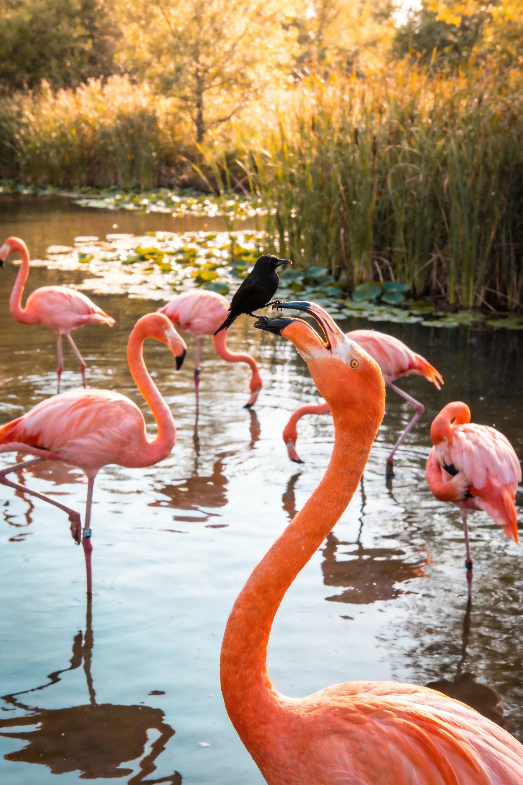火烈鸟头顶停着一只黑色小鸟,火烈鸟粉色羽毛与黑色小鸟形成鲜明对比。