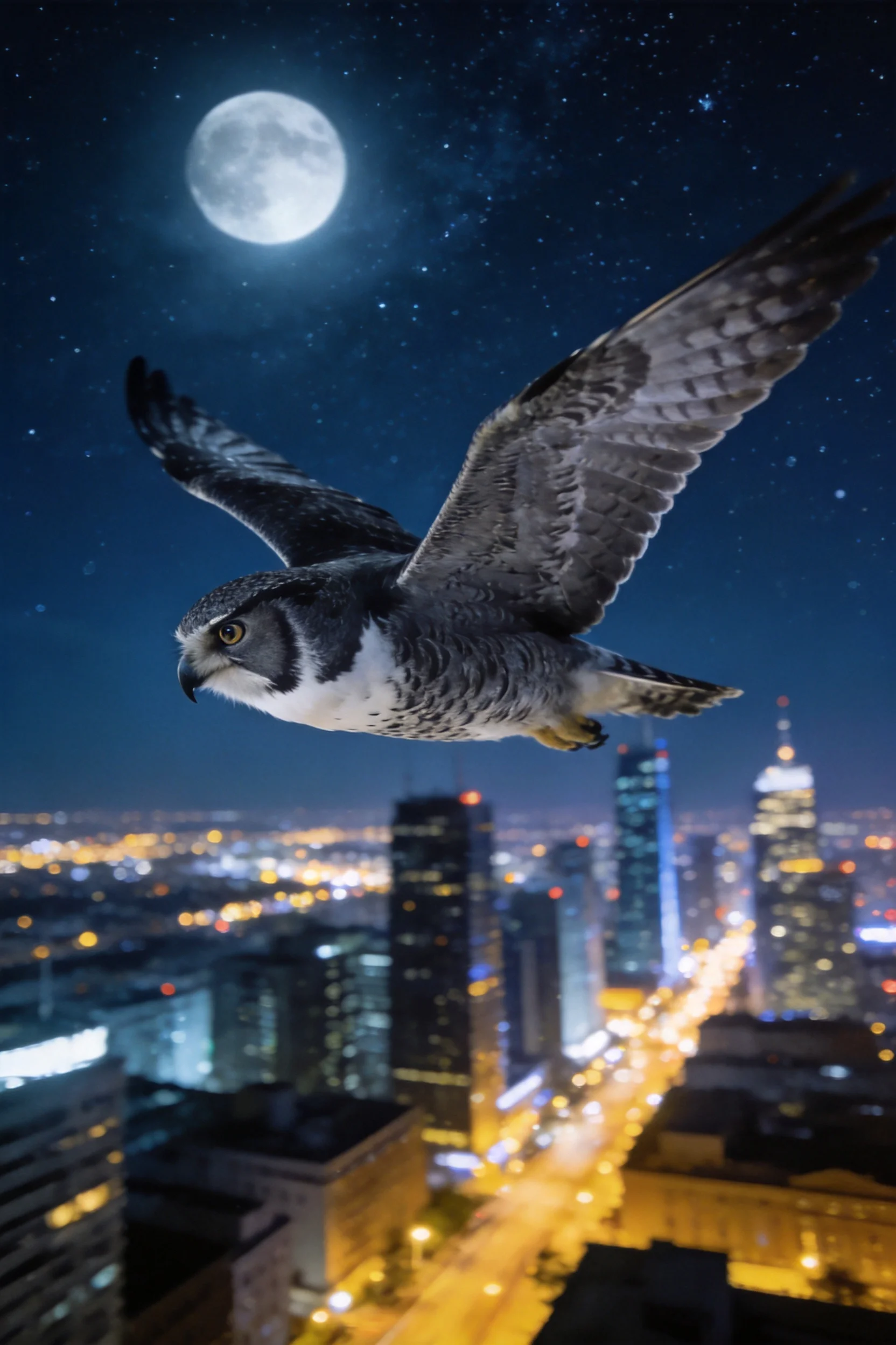 猎隼在夜晚的城市上空飞行,翅膀展开露出灰白带深色斑点的羽毛纹理。