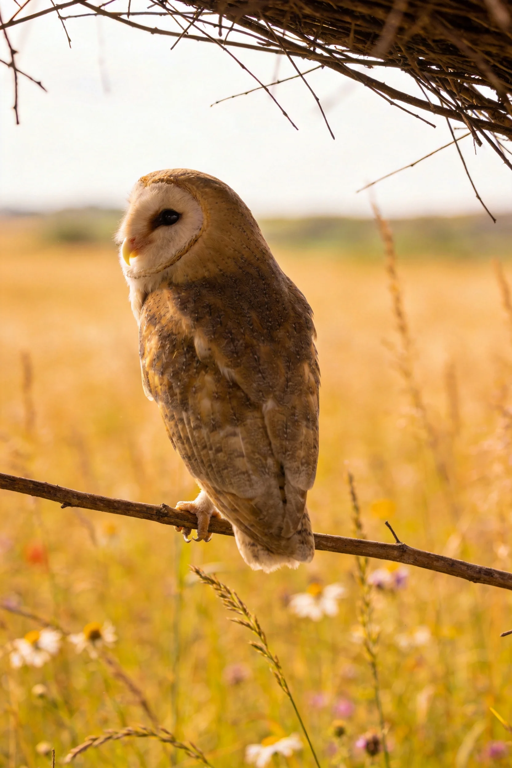仓鸮有着白色面部斑纹,正安静地栖息在树枝上观察周围环境。