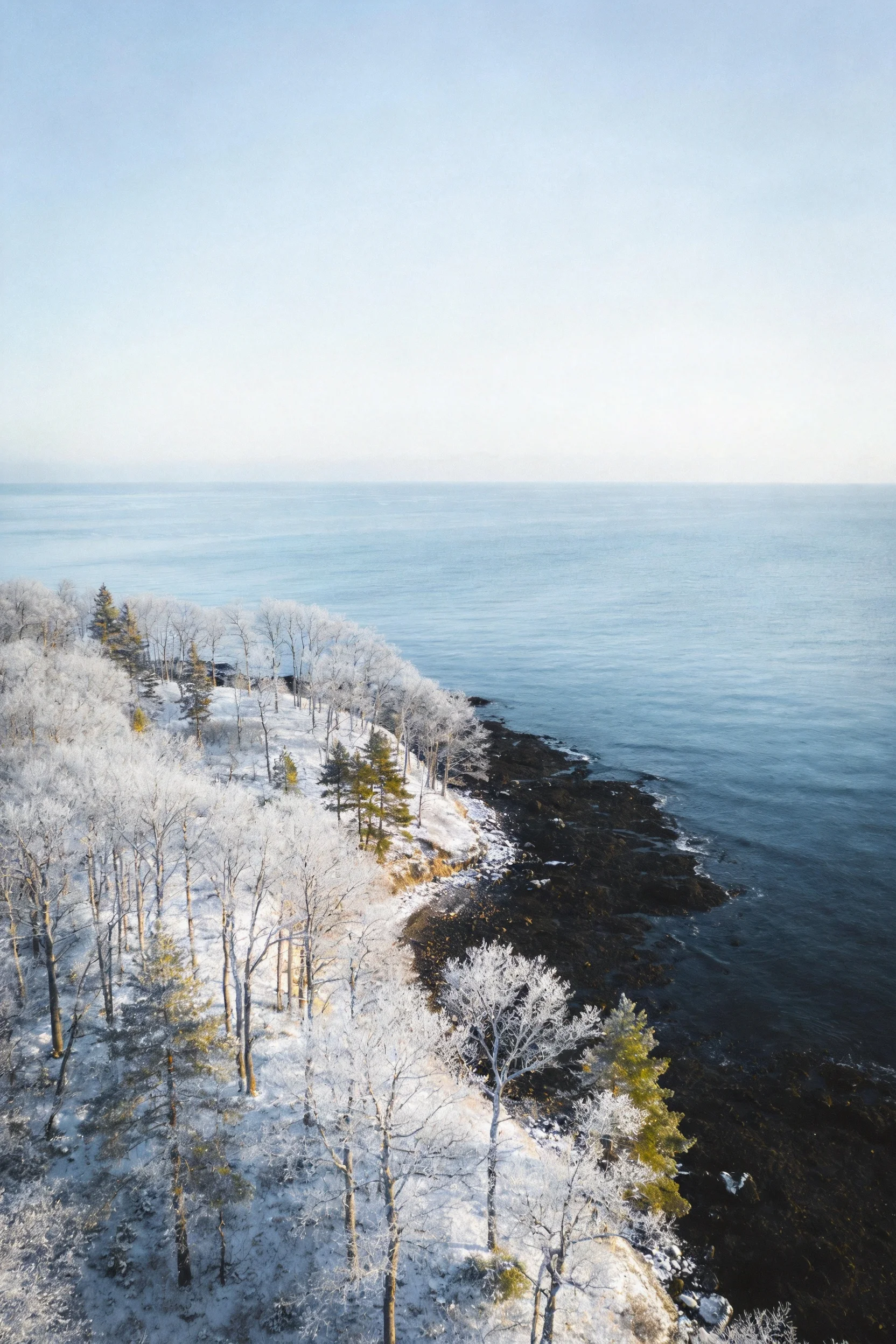 雪覆海岸树林的冬日风光,树木枝桠被白雪覆盖,呈现出纯净白色纹理。